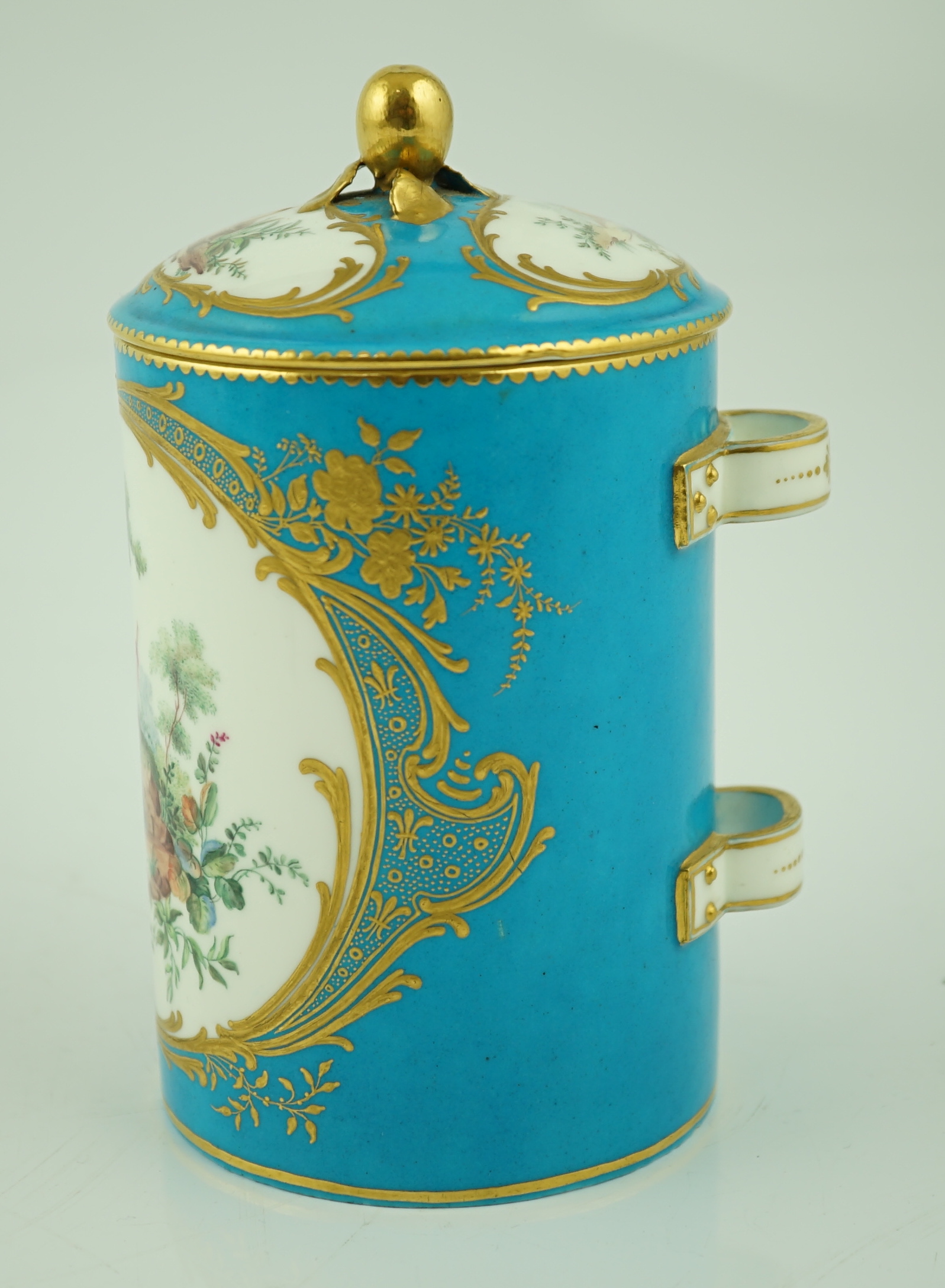 A Sevres bleu-celeste ground tobacco jar and cover (Pot à tabac), date code for 1759